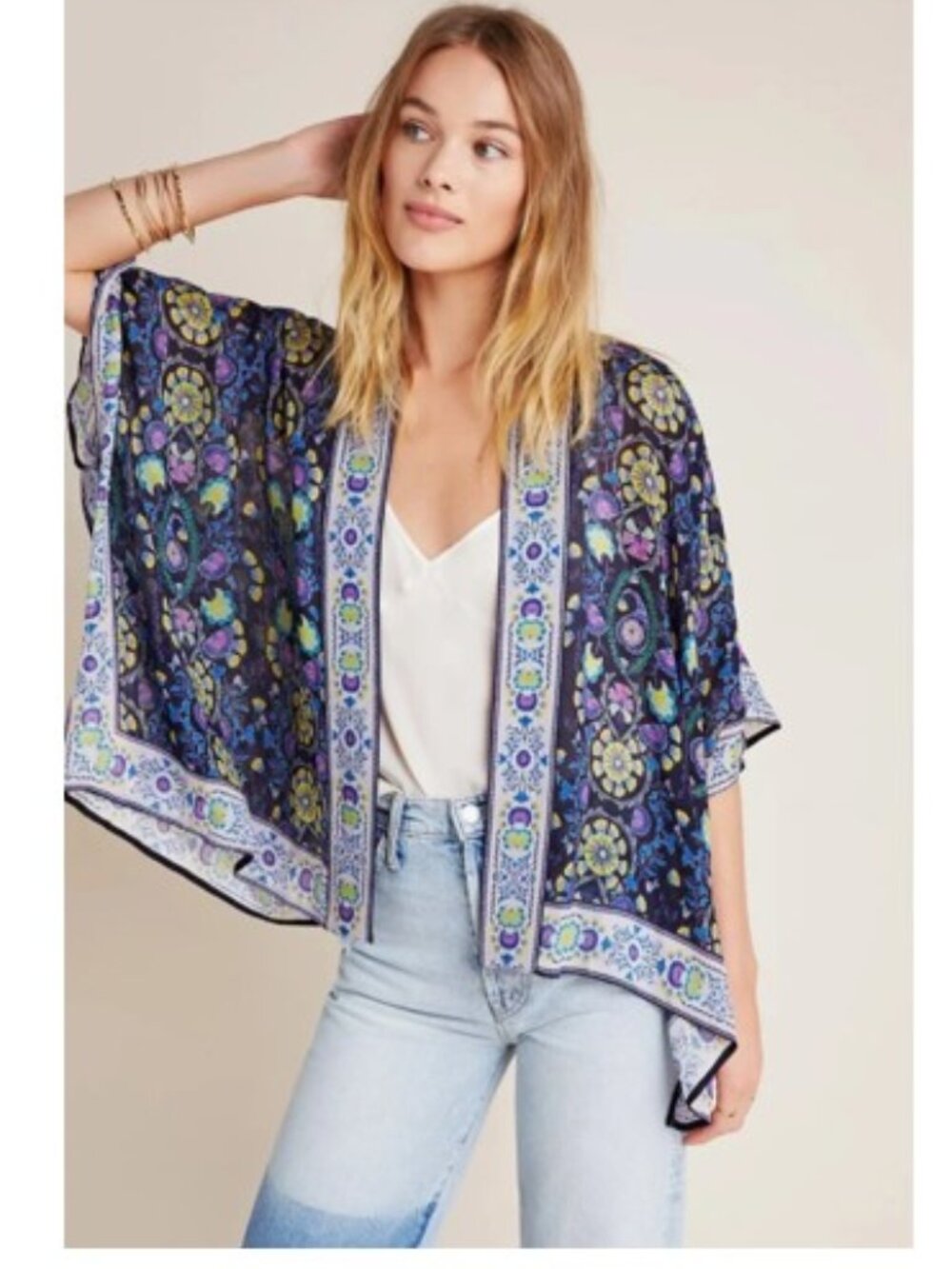Bl^NK London Verkia Cropped Kimono in Navy/Purple Floral Motif - One Size